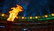 © Aimstock - a dramatic moment at a sporting event with a torch being lit in an indoor stadium, symbolizing the start of an olympic competition