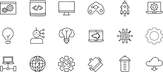 Tech Innovation Icons: A curated set of modern tech icons, symbolizing innovation, ideas, and digital solutions, rendered in a sleek, monochromatic style. 