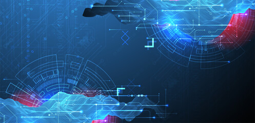 Wall Mural - abstract data background with wireframe wave and circuit lines. technology concept. vector