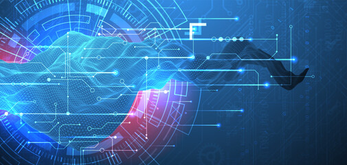 Wall Mural - abstract data background with wireframe wave and circuit lines. technology concept. vector