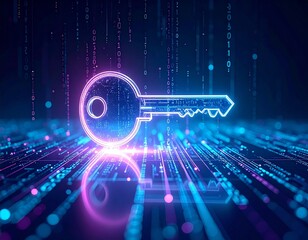 Futuristic key illustration with glowing digital code flowing around