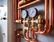 © April - close up of home heating system installed on wall copper pipes valves pressure gauge gas boiler details central heating system water heating modern tech for house
