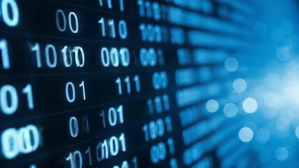 Binary code data stream on a blue digital screen