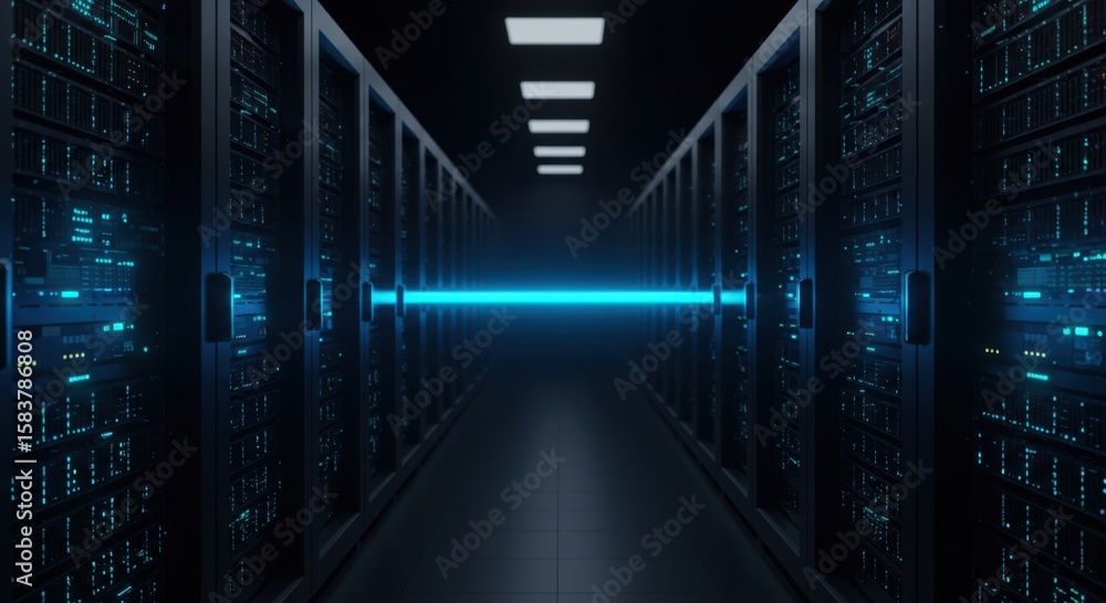 Futuristic data center corridor with glowing blue energy beam ...