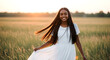 © MdTowhidul - Young Woman in White Dress Smiling in a Golden Meadow at Sunset, Radiating Joy and Natural Beauty