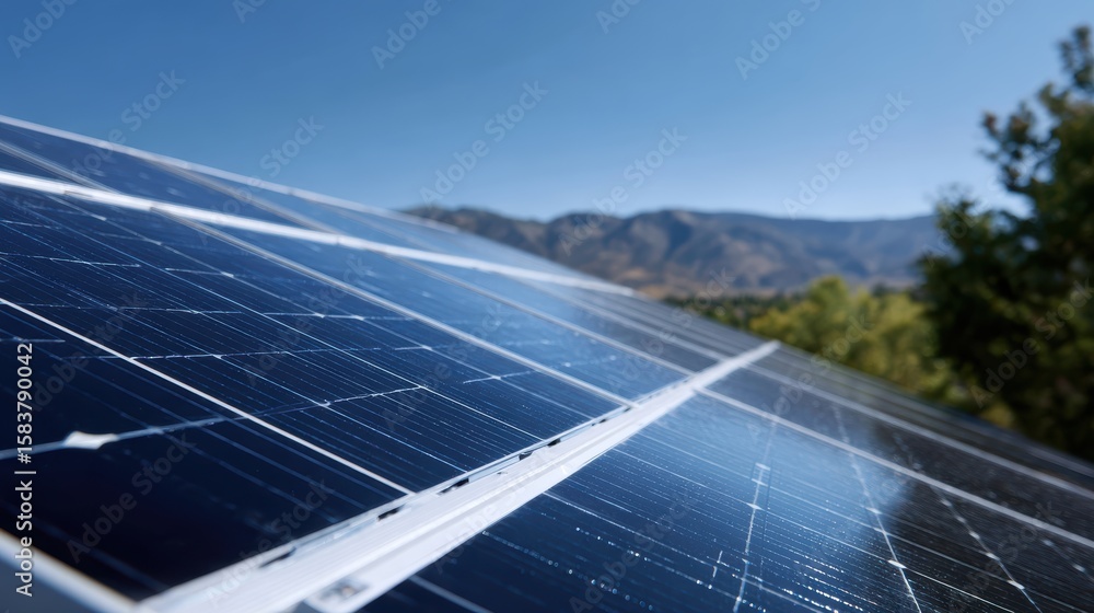 Residential rooftop solar array reflecting the clear sky, widespread ...
