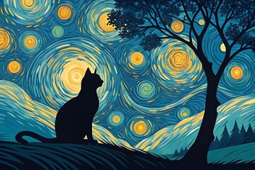 a black cat silhouette gazes at a swirling starry night sky, reminiscent of a famous painting, besid