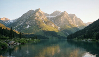  Mountain Lake Serenity: Sunlight illuminates majestic mountains reflected in a serene lake, creating a breathtaking landscape photograph.Lake Louise in Banff National Park, Canada, is a scenic mountai