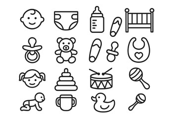 Baby and newborn child line icon set. Simple outline vector symbols. Collection of pictograms for kids: diaper, baby bottle, crib, pacifier, toy, pin, bib, rattle.