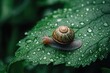 © sanaan - A close-up view of a snail on a dewy green leaf in a lush garden during early morning
