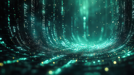 Wall Mural - green, glowing tunnel with a lot of sparkles. the tunnel is filled with a lot of lights and the spar