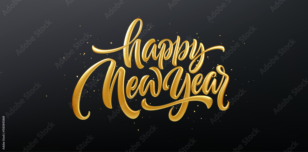 Gold Lettering Vector Illustration Of Happy New Year Text On Dark ...