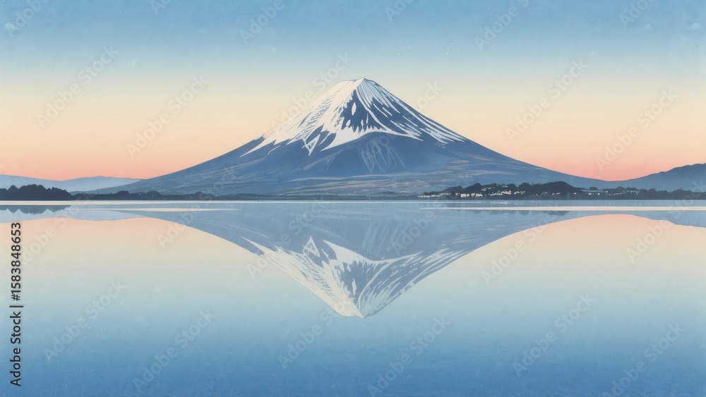 Mount Fuji reflected on a calm lake during sunrise in ukiyo-e style ...