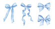 © Rowanbunch Art - Lovely coquette bow set. Romantic blue ribbon with long tails in a soft watercolor style. Hand-painted illustration on white. Ideal for invitations, greeting cards, and festive decorations.