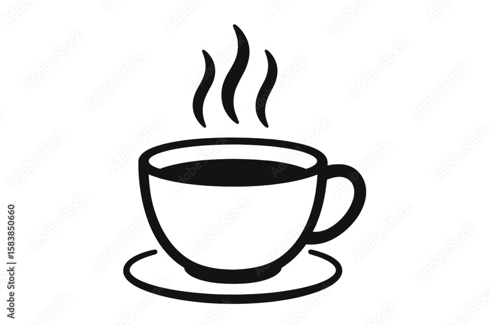 Minimalist Hot Coffee Cup Icon with Saucer and Rising Steam, Black and ...