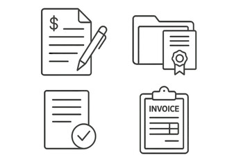 Document icon set in thin line style. Business and finance linear icons. Contract signing, folder with certificate, approved paper, and invoice on clipboard vector.