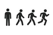 © Jakzui - Standing, Walking, Running Man Silhouette Icon Set. Human Motion Sequence. Stick Figure Person in Different Movement Poses. Black Vector Illustration Isolated on White. Activity Progression Concept.