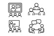 © Jakzui - Business Meeting and Communication Icon Set. Line Style Vector Illustration. Webinar, Conference, Teamwork, Classroom, Interview, Online Meeting, Group Discussion, Presentation, Corporate Training