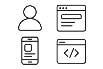 Modern Website Interface and App UI/UX Icon Set in Minimal Line Style – User Profile, Web Page, Mobile App, and Code Window Symbols for Web and Mobile Design Projects
