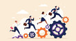 © John - Illustration of business team climbing gears Progress towards success, teamwork, and career advancement symbolized in dynamic scene.