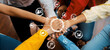 © InfiniteFlow - Startup company employee team stacking hand together symbolize successful group of business partnership and strong collective unity teamwork in community workplace in panoramic banner. Synergic Amity