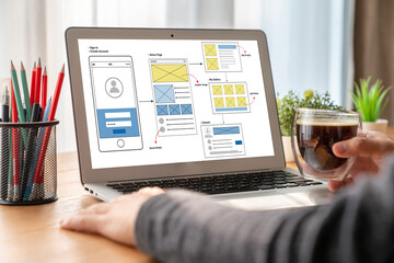 Wall Mural - ux ui design process for modish mobile application and website . creative prototype of wireframe for