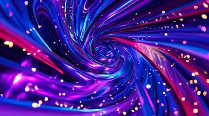 Blue purple neon hypertunnel. Spinning speed space tunnel made of twisted swirling energy. Magic glowing light lines. Abstract background