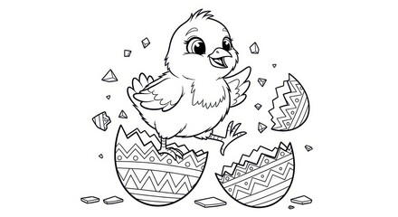  A cute baby chick hatches from a decorative easter egg, surrounded by scattered eggshell pieces