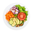 © harukazeburm - Fresh colorful vegetable salad with sliced tomato, cucumber, avocado, carrot, red onion, lettuce, and walnuts on white plate, healthy food, vegetarian meal