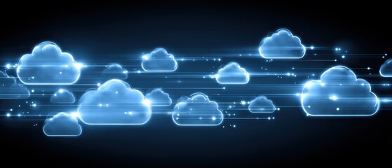 A digital background with blue and white cloud icons connected by glowing lines, representing the power of clouds in data storage for business technology or internet network design Generative AI