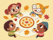 © gordon - A group of diverse children gather around a table with pie and tea during autumn, in a cute cartoon illustration
