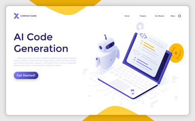 Robot creating code based on user prompts on laptop. AI Code Generation landing page isometric template. Web development technology automation creative 3d vector illustration for web page