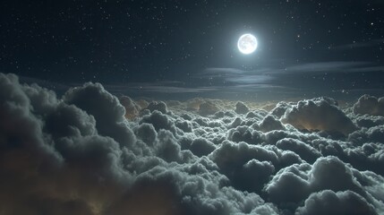 Wall Mural - Majestic Night Flight Over Lush Cumulus Clouds Under a Bright Full Moon and Starry Sky