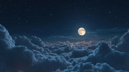 Wall Mural - Stunning Aerial Journey Through Lush Night Clouds Beneath a Bright Full Moon in a Cinematic Starry Sky