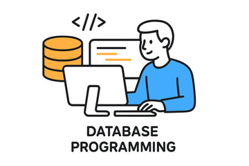 Database programming illustration showcasing a programmer working with data and code in a modern workspace setting