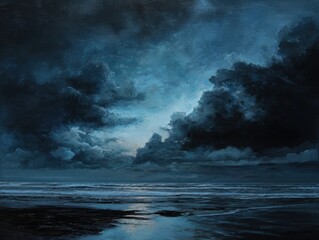 Wall Mural - Dynamic Storm Canvas: A Nocturnal Ocean Scene with Abstract Clouds and Calming Blues