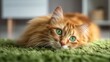© An - The adorable ginger cat relaxing on a green carpet in a cozy home setting.