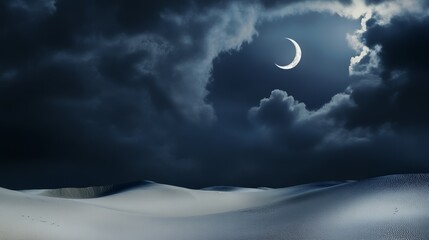 Wall Mural - the sky is dark and cloudy, with a crescent moon shining brightly in the middle. the clouds cover th
