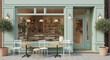 © PhotoArtHub - Exterior view of a pastel-green cafe showcasing tables and chairs outside, with a large window displaying the interior's bakery and coffee shop setup.  Represents a cozy, inviting atmosphere