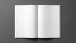 © Pete - White open book with two pages on black background. Book spine and cover visible. Blank pages await reader. Empty page design for booklet or magazine mockup. Isolated object on grey-like background.