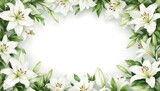 White lily flower surrounded by bouquet of white flowers in square format. Light beige background, precise arrangement. Serene floral border for wedding, invitations, background designs. Floral