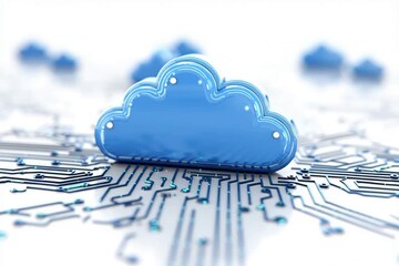 Wall Mural - 3d blue cloud icon on a white background with circuit board elements, a simple and minimalistic desi