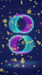 Wall Mural - animation of rotating pink and blue rings and falling yellow light spots on dark background