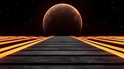 Wall Mural - A dark, grey wooden pathway stretches towards a large, fiery orange planet in a star-filled night sky, illuminated by glowing orange lines that recede into the distance.