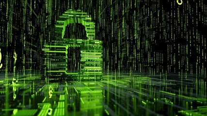 A high-tech digital security concept featuring a glowing lock