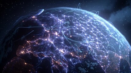 Wall Mural - ai neural networks covering planet illustration. global digital grid growing over earth looped net 3
