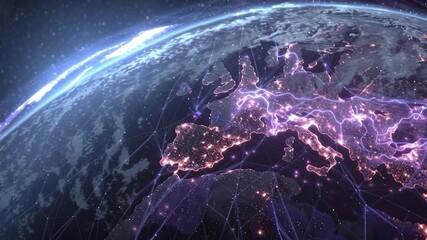 Wall Mural - ai neural networks covering planet illustration. global digital grid growing over earth looped net 3