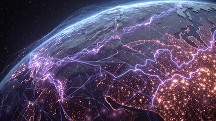 Wall Mural - ai neural networks covering planet illustration. global digital grid growing over earth looped net 3