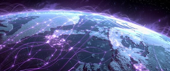 Wall Mural - anamorphic video ai neural networks covering planet illustration. global digital grid growing over e