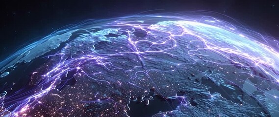 Wall Mural - anamorphic video ai neural networks covering planet illustration. global digital grid growing over e
